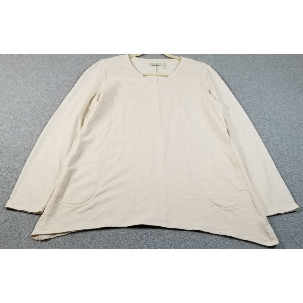 LOGO Lounge Tunic Top Women's‎ Medium M Beige V-Neck Pockets Lagenlook Stretch